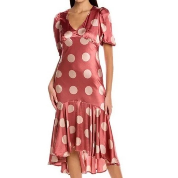 Taylor Mauve Rose Pink and Cream High Low Polka Dot Dress Cap Sleeveless V-neck - Picture 1 of 13